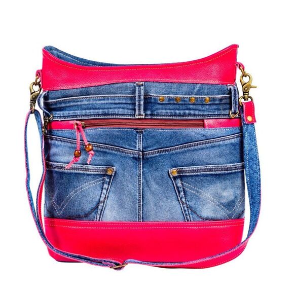 Myra Bag Handmade Charley Shoulder Bag Upcycled Canvas & Cowhide Leather - Picture 1 of 10